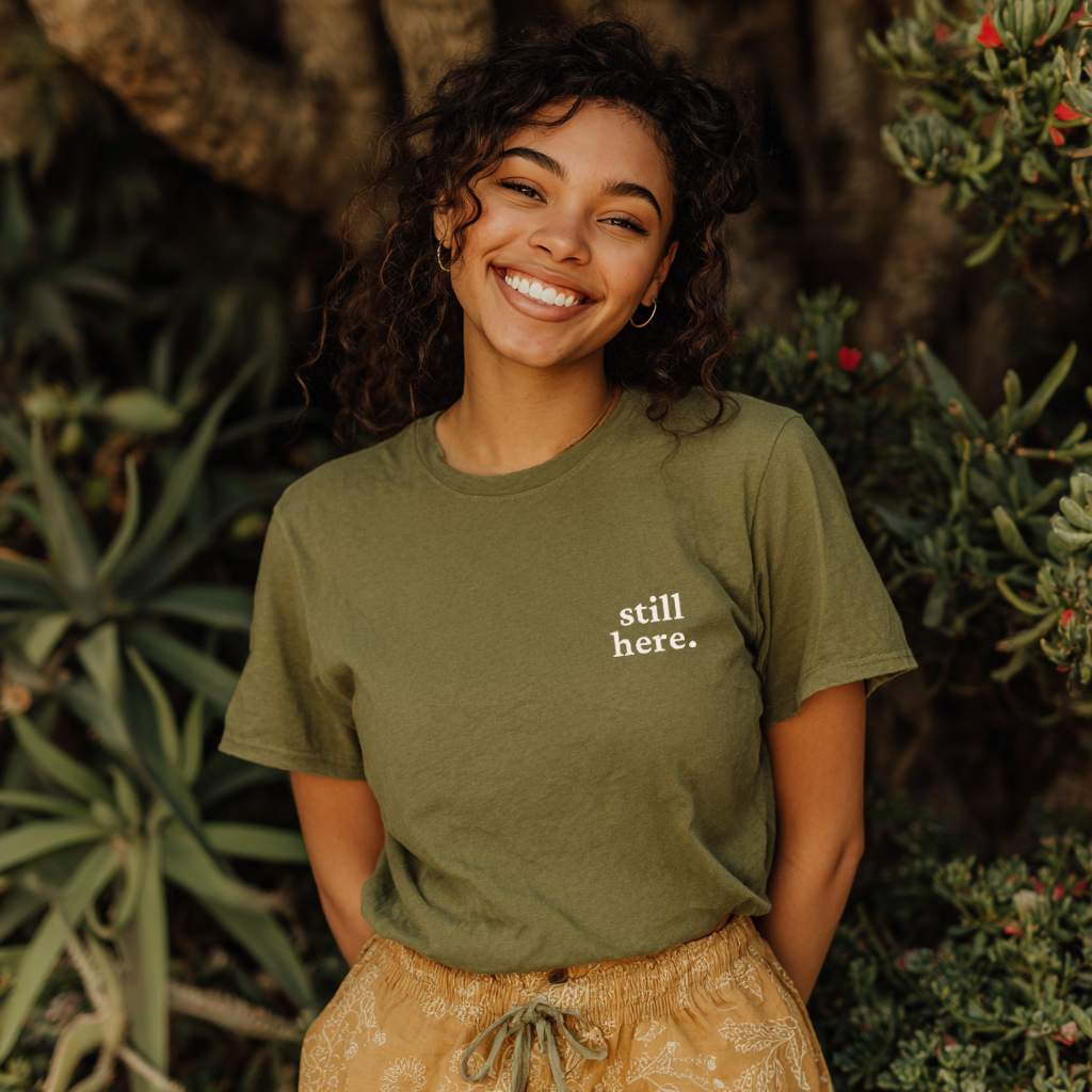 "still here." Everyday Edition T-Shirt | With Back and Sleeve Text