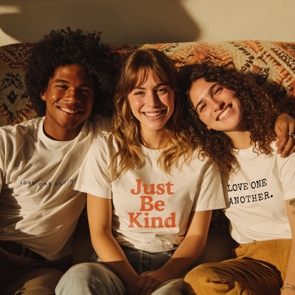 Three people sitting together on a couch, wearing t-shirts with motivational messages.