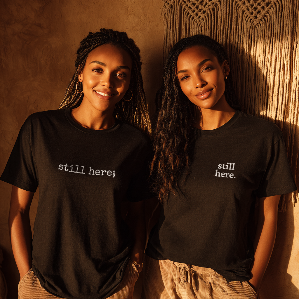 "still here." Everyday Edition T-Shirt | With Back and Sleeve Text