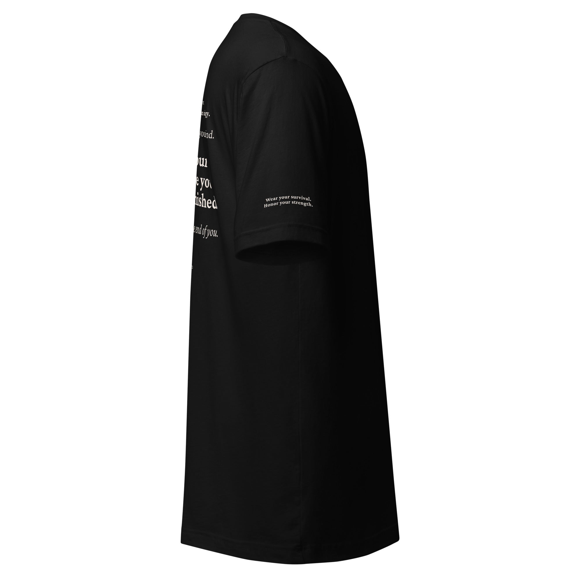 Still Here. Everyday Edition Survivor Affirmation Black Left T-Shirt