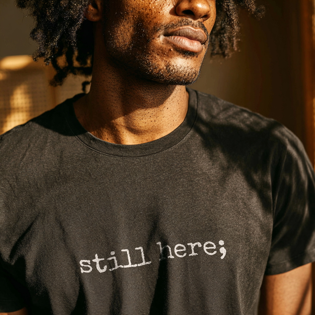 “still here;” Typewriter Resilience T-Shirt | No Back