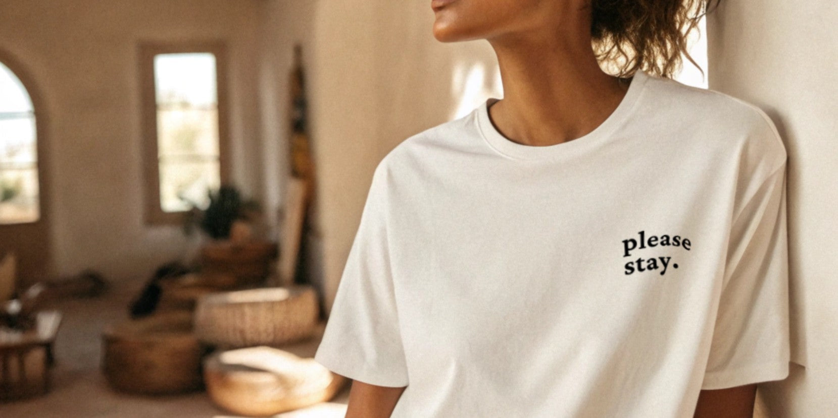 woman wearing please stay shirt