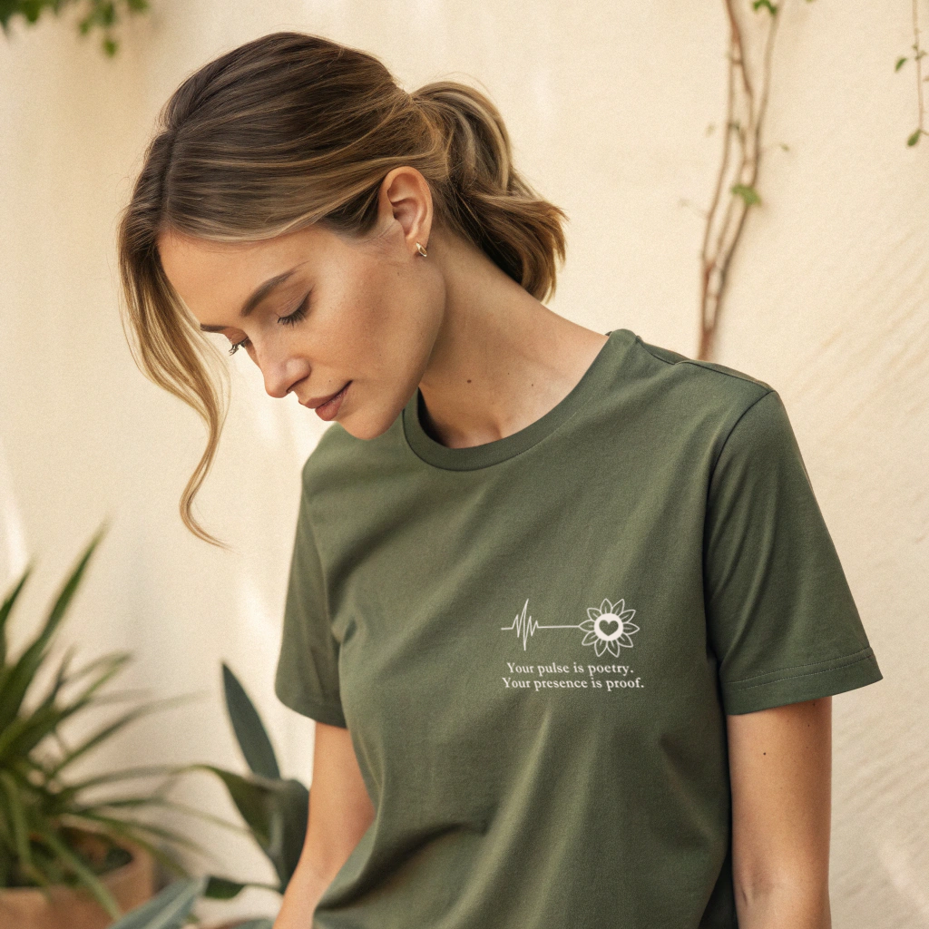 Woman wearing a military green t-shirt "Your pulse is poetry. Your presence is proof."
