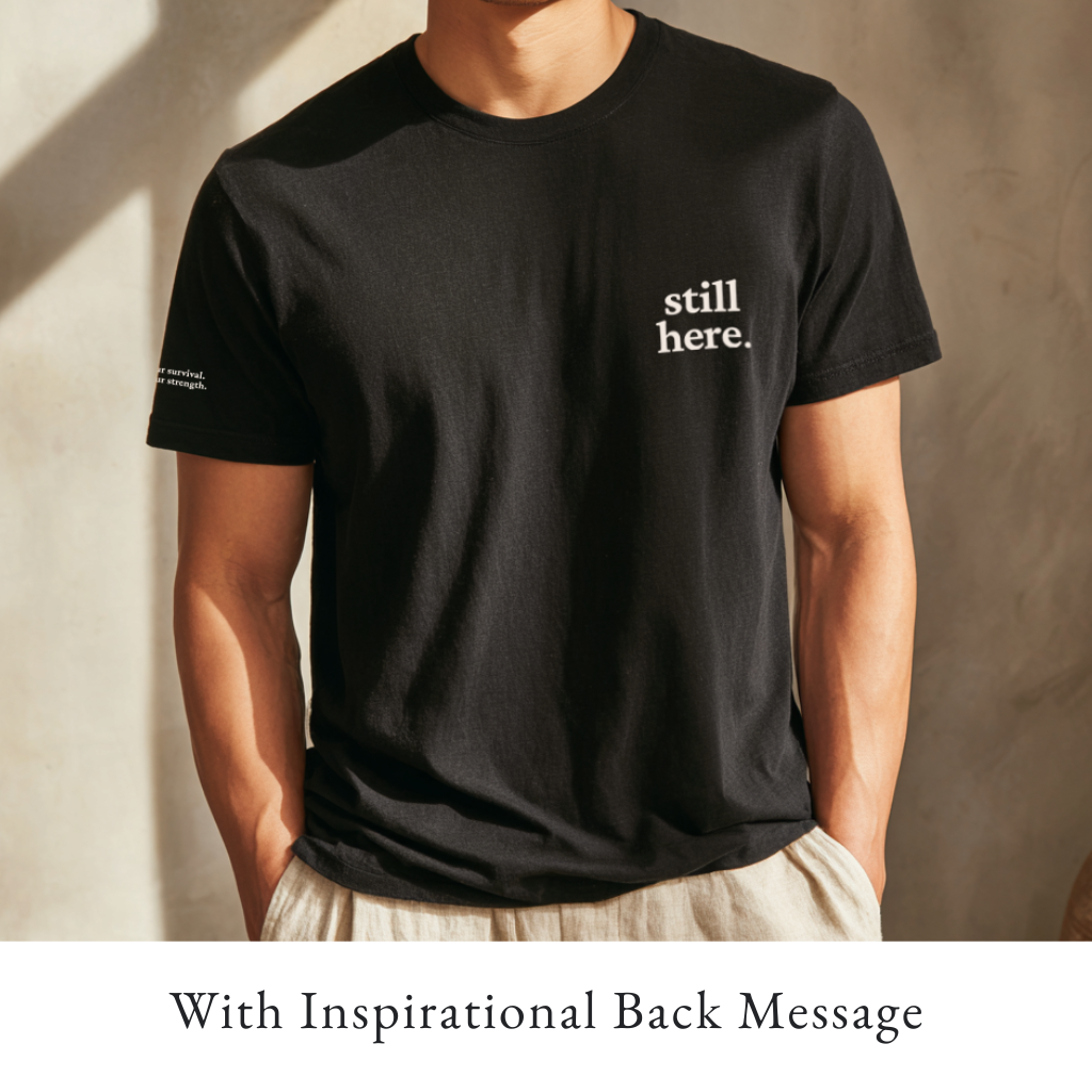 Person wearing a black t-shirt with &