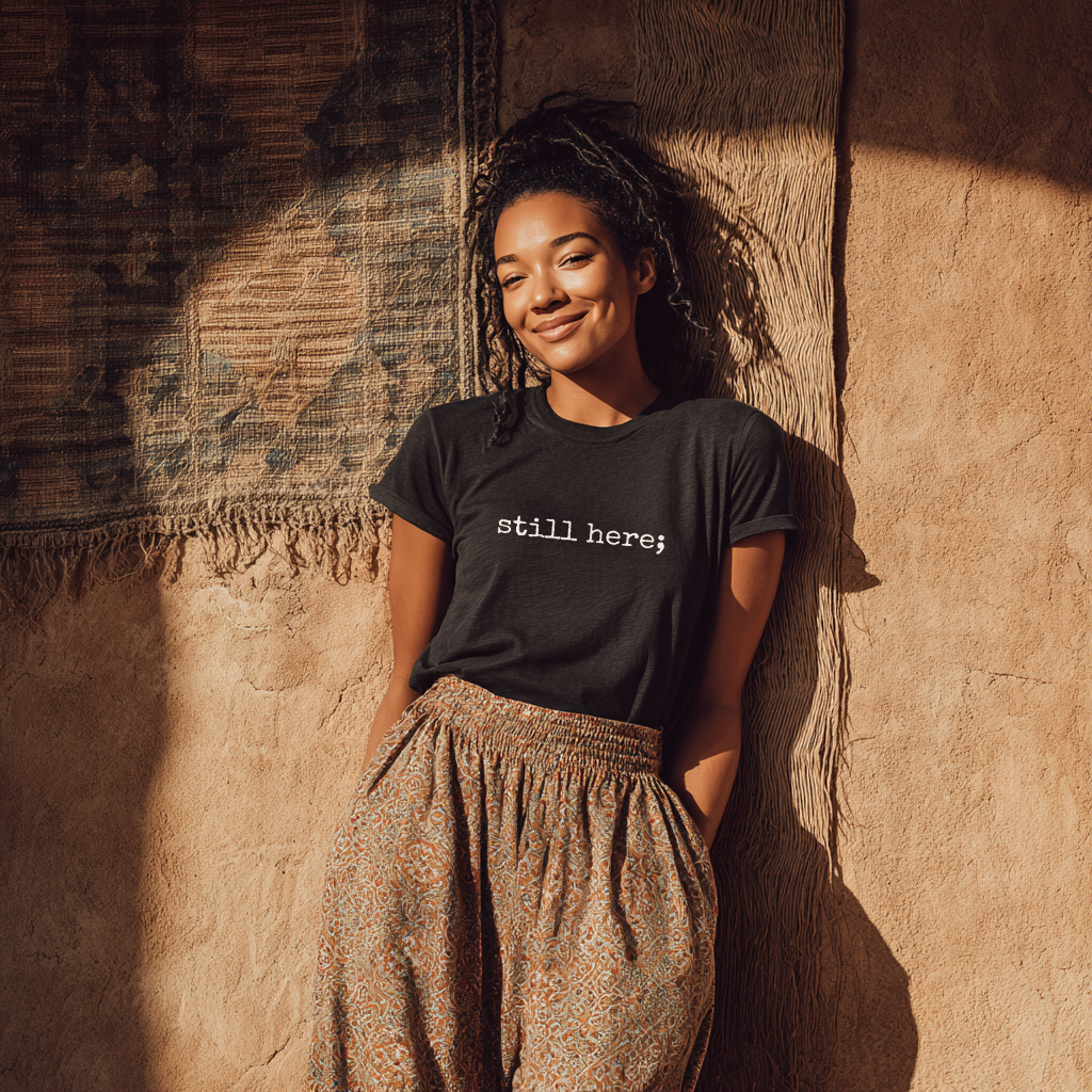 “still here;” Typewriter Resilience T-Shirt | No Back