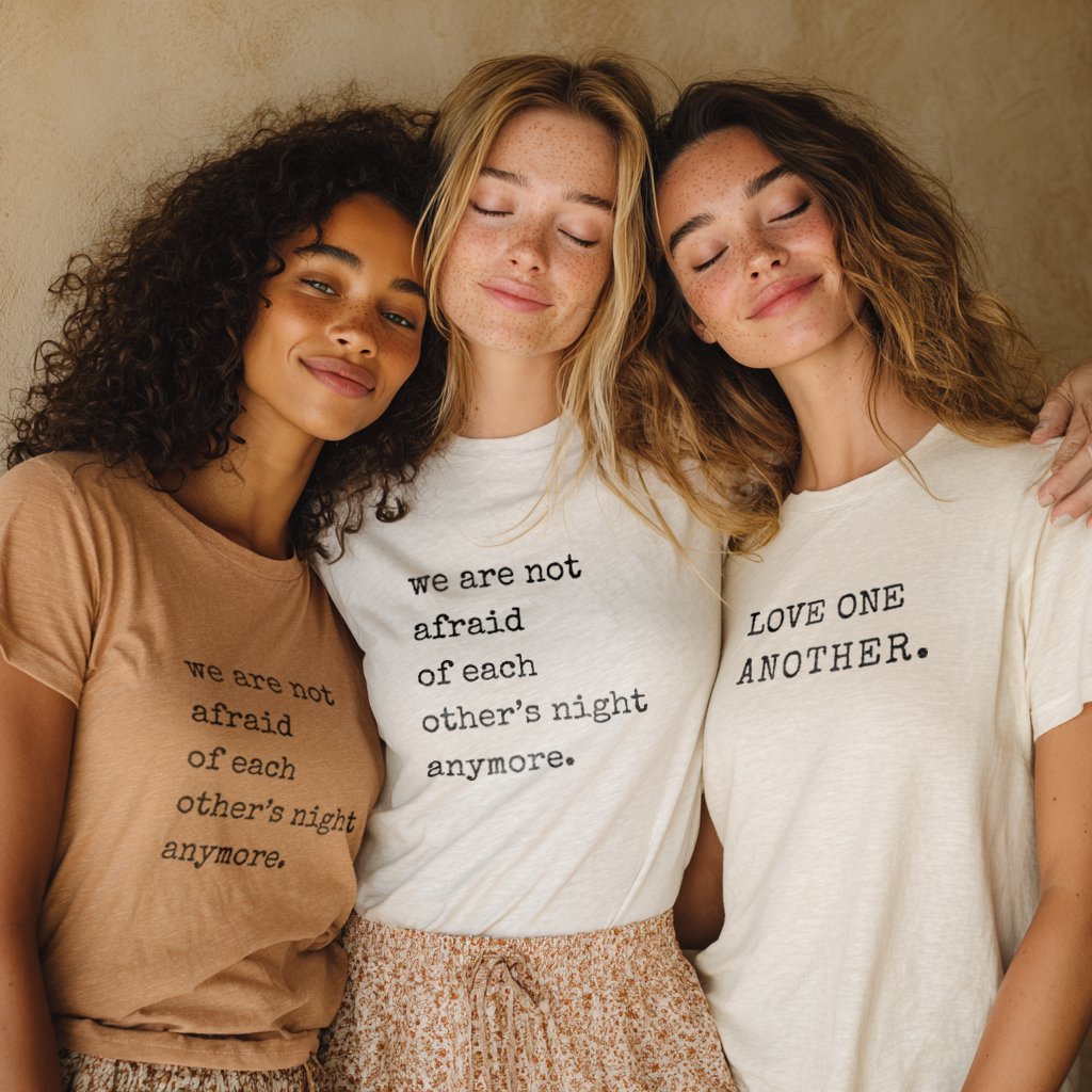 Three women wearing t-shirts with motivational quote &quot;we are not afraid of each other&